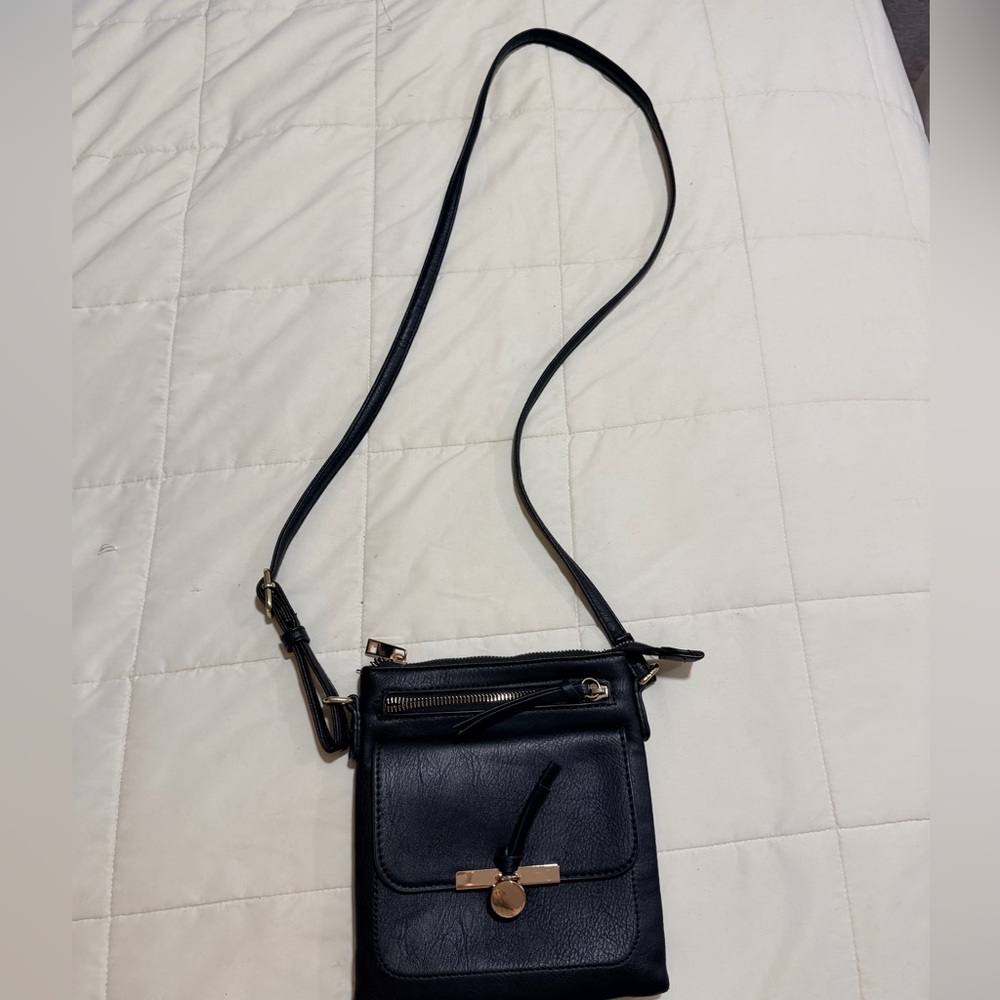 Black Crossbody Bag with Gold Accents